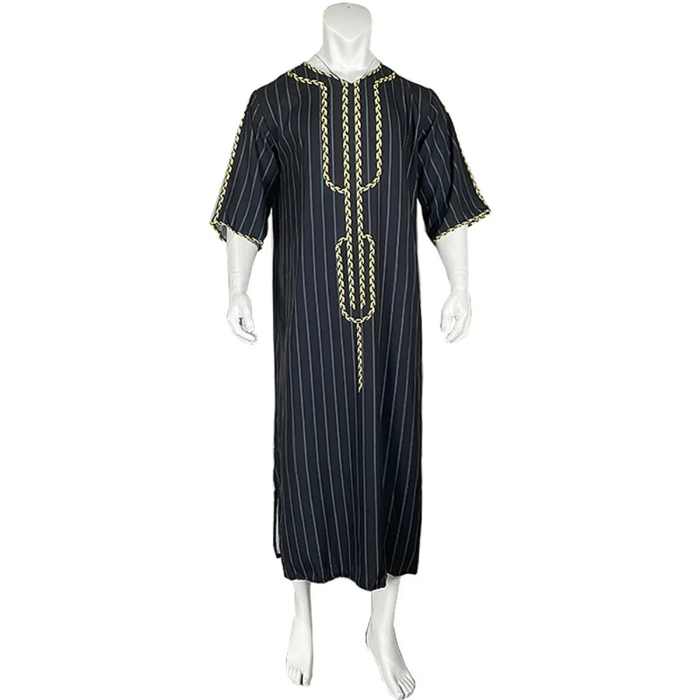 Men's Arabian Thobe - Summer V-Neck Short Sleeve Robe, Loose Fit Muslim Islamic Clothing for Casual Wear
