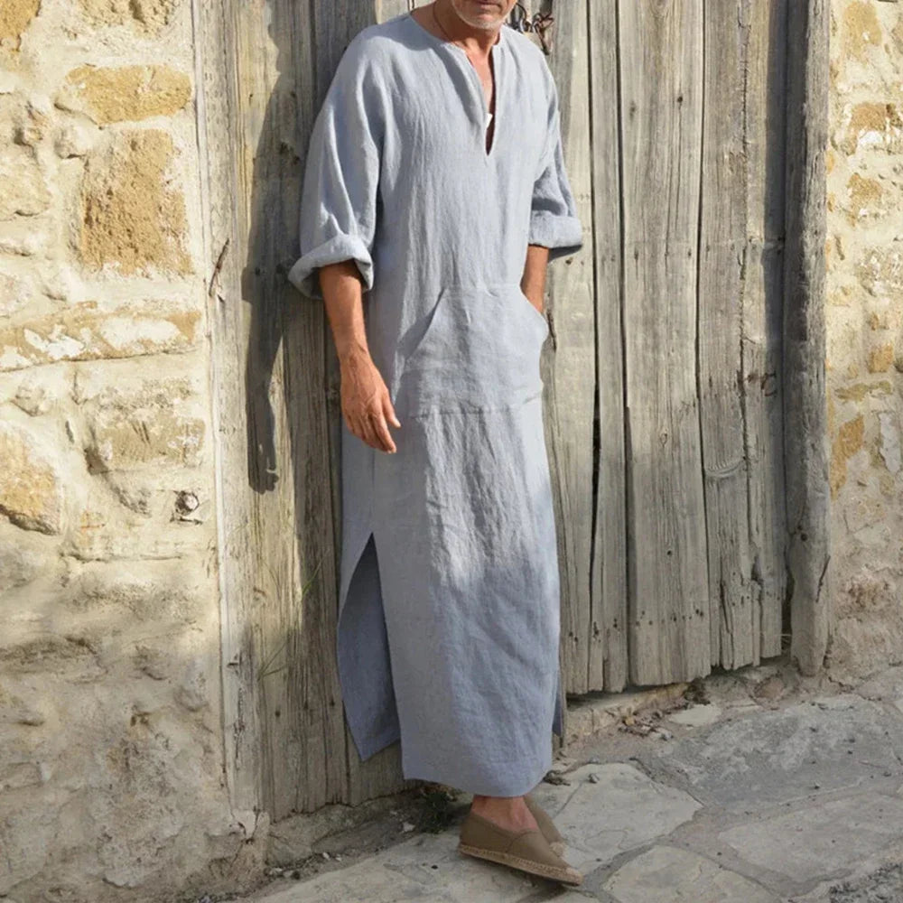 YUFEIDA Men Long Linen Jubba Thobe Kaftan Muslim Arab Islamic V-neck Long Sleeve Solid Cotton Linen Robe Muslim Arabia Man Abaya