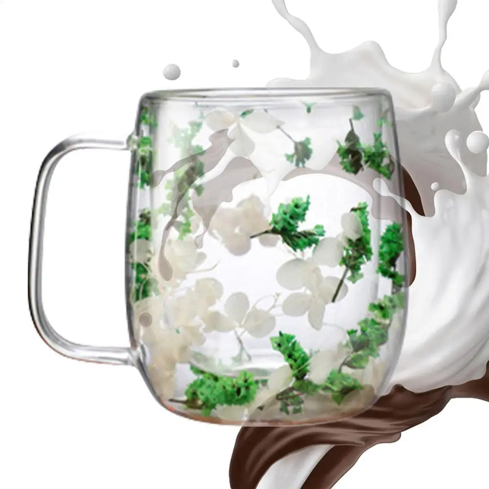Coffee Mug Double Wall Dried Flower Cup for Coffee Glass Beverage Glasses Tea Mug for Tea Cappuccino Cold Drink flower glass