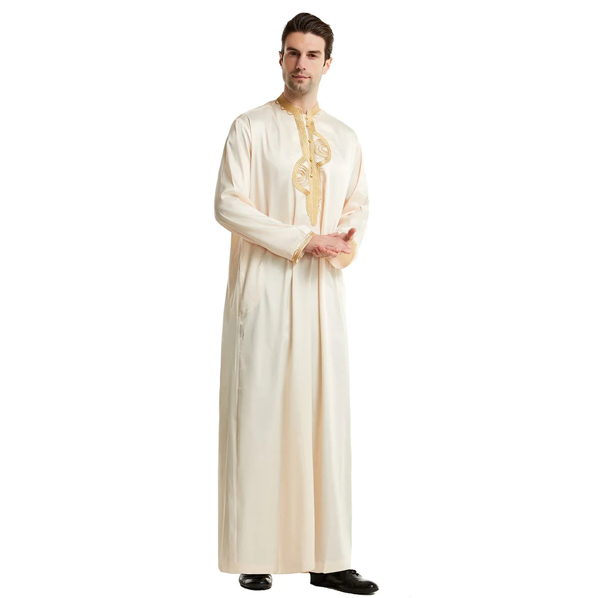 1pcs/lot man fashion embroidery muslim long robe man stand collar long sleeve jubba thobe