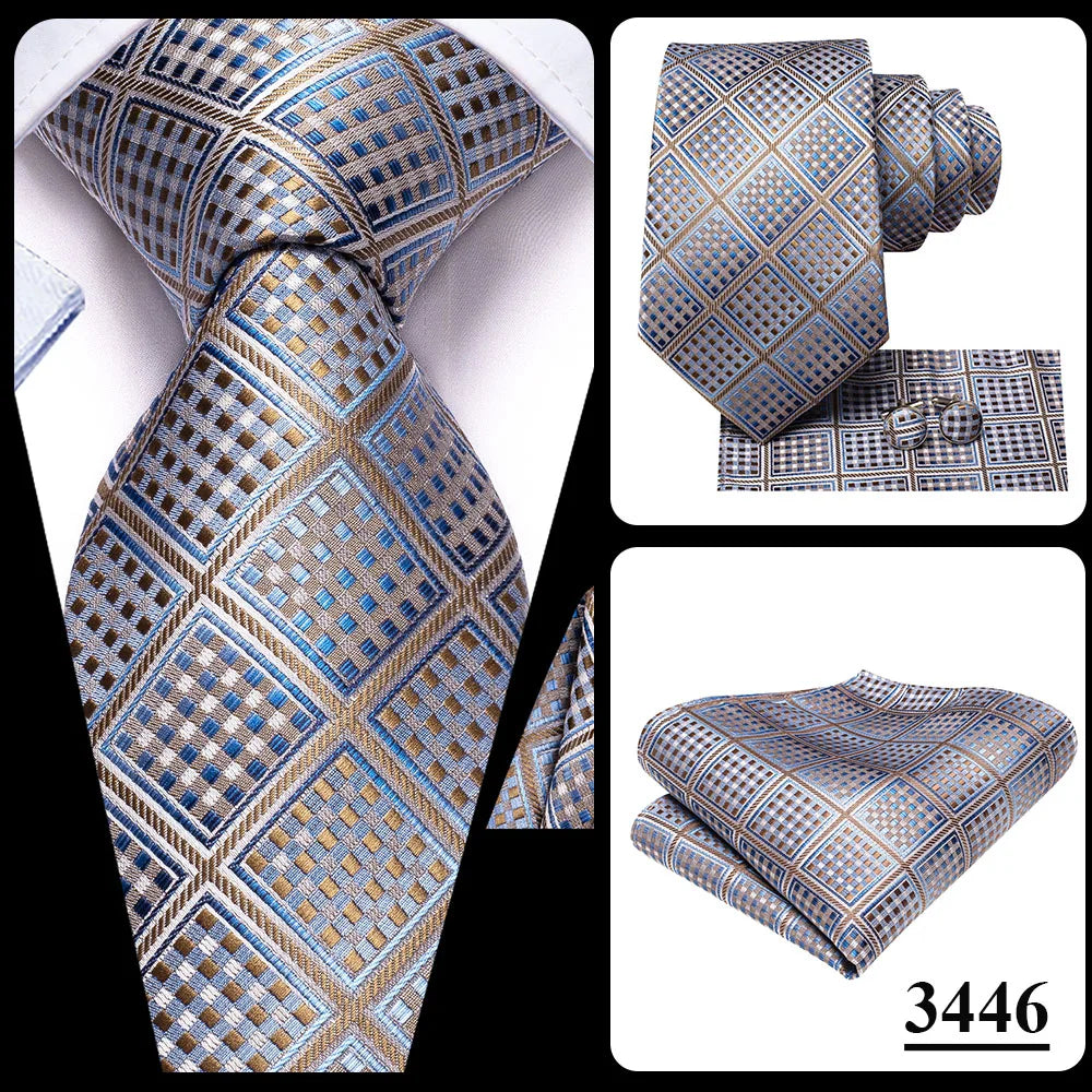 Hi-Tie Fashion 8.5cm Black Plaid Dots Men's Elegant Tie Handkerchief Cufflinks Set Wedding Party Accessories Gift for Men Gravat