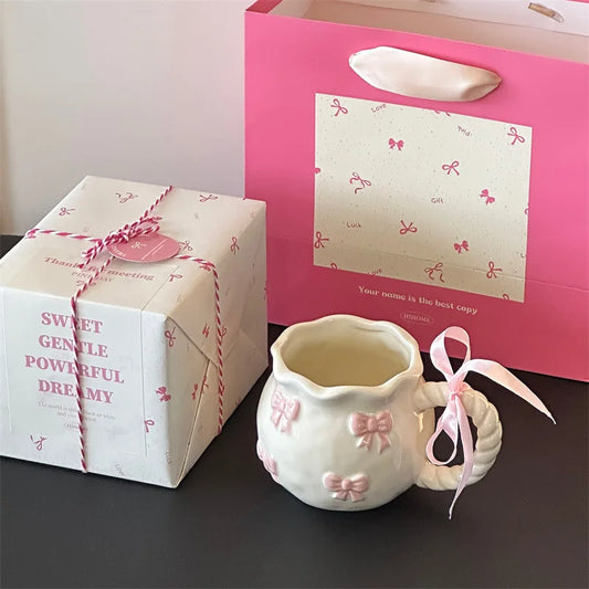 Cute Bow Thickened Ceramic Cup Hand Bow Irregular Mug Cups Coffee Milk Drinks Cup
