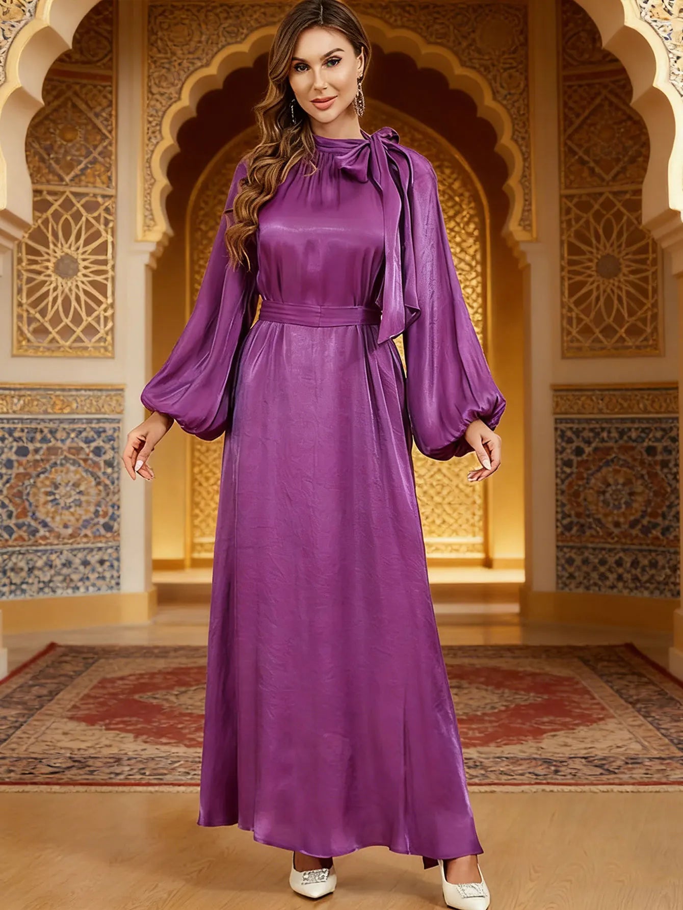 Elegant Tie Neck Abaya Belted Lantern Sleeve Maxi Dress Women Muslim Moroccan Kaftan Ramadan Jalabiya Islam Dubai Arabic Robes