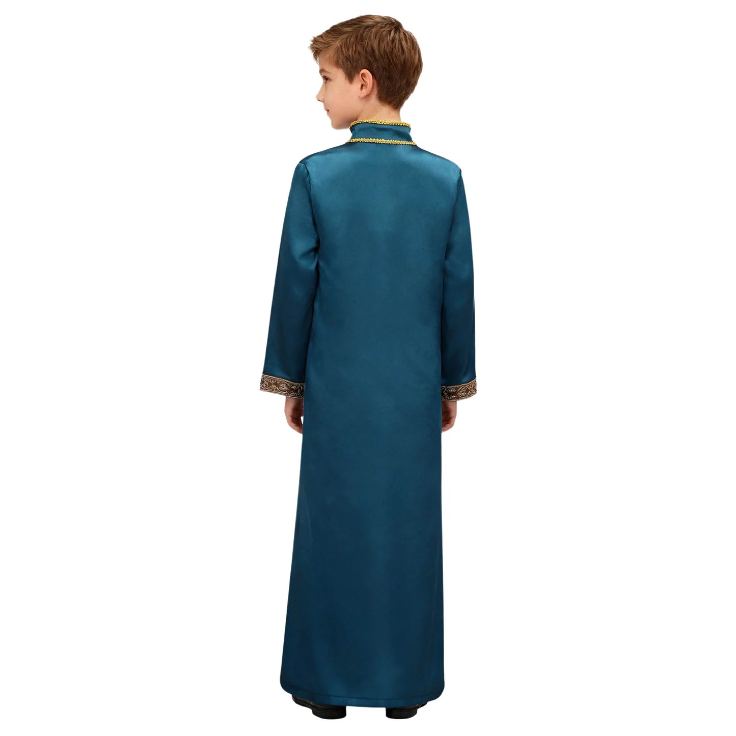 Boys Gold Embroidery Maxi Muslim Thobe Kaftans Arab Gown Islamic Robe Cosplay Long Sleeves Coats Festival Holiday Costume