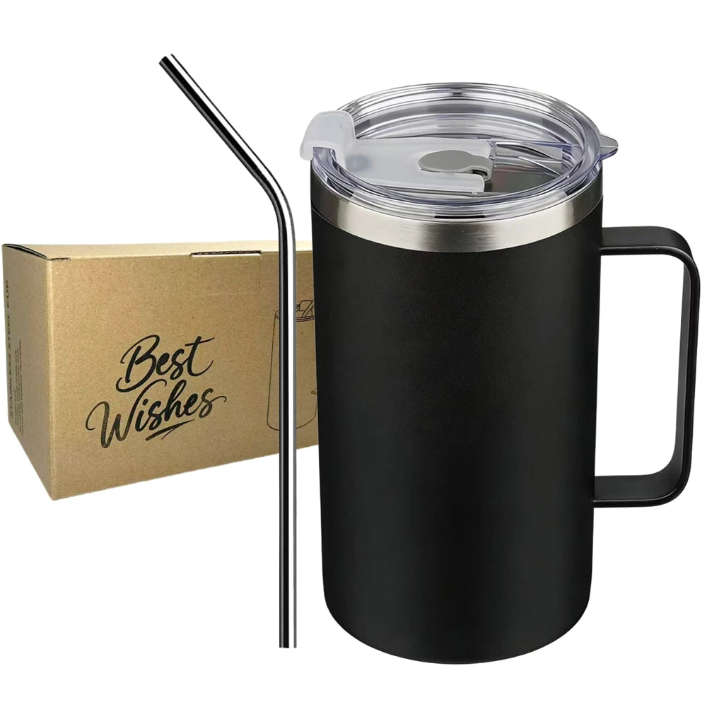 Insulated Coffee Mug with Lids 600ml Stainless Steel Tumbler with Handle Double Wall Vacuum Coffee Cups Travel Mug Black White