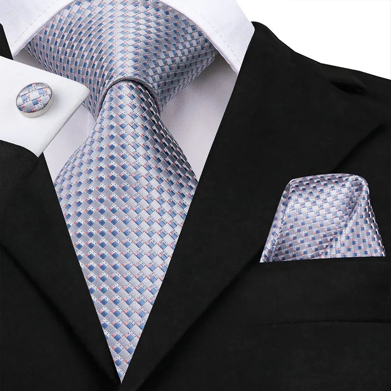 Hi-Tie New Clasic Grey Tie for Men Silk Fabric Jacquard Woven Tie Hanky Cufflinks Set for Men Designer Fashion Silk Ties SN-1466