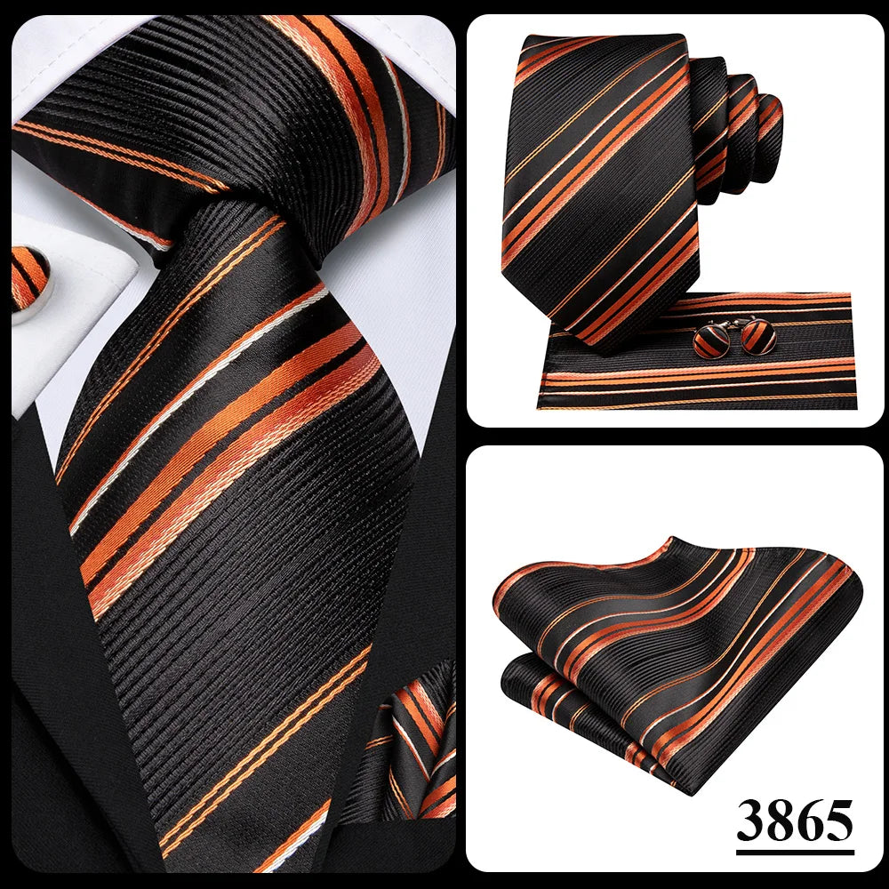 Hi-Tie Men Fashion Striped Navy Blue Necktie Handkerchief Cufflinks for Tuxedo Accessory Classic Silk Luxury Tie for Man Gift