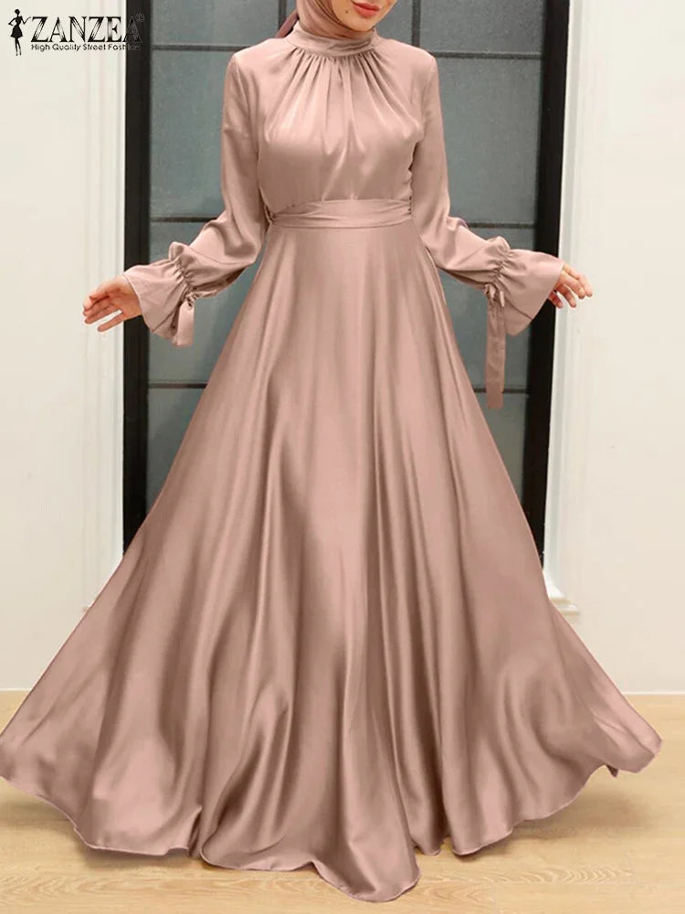 Elegant Muslim Dress Abaya Women Long Dress 2025 ZANZEA Long Sleeve Satin Party Sundress Robe Femme Turkey Hijab Vestidos Kaftan