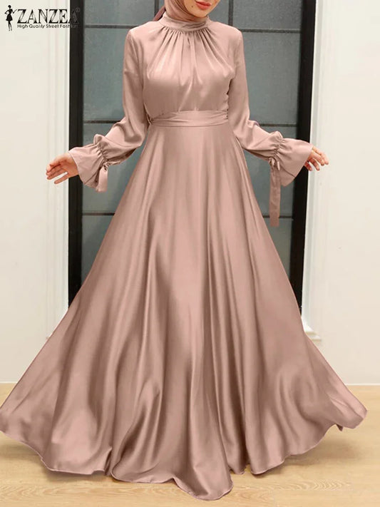 Elegant Muslim Dress Abaya Women Long Dress 2025 ZANZEA Long Sleeve Satin Party Sundress Robe Femme Turkey Hijab Vestidos Kaftan