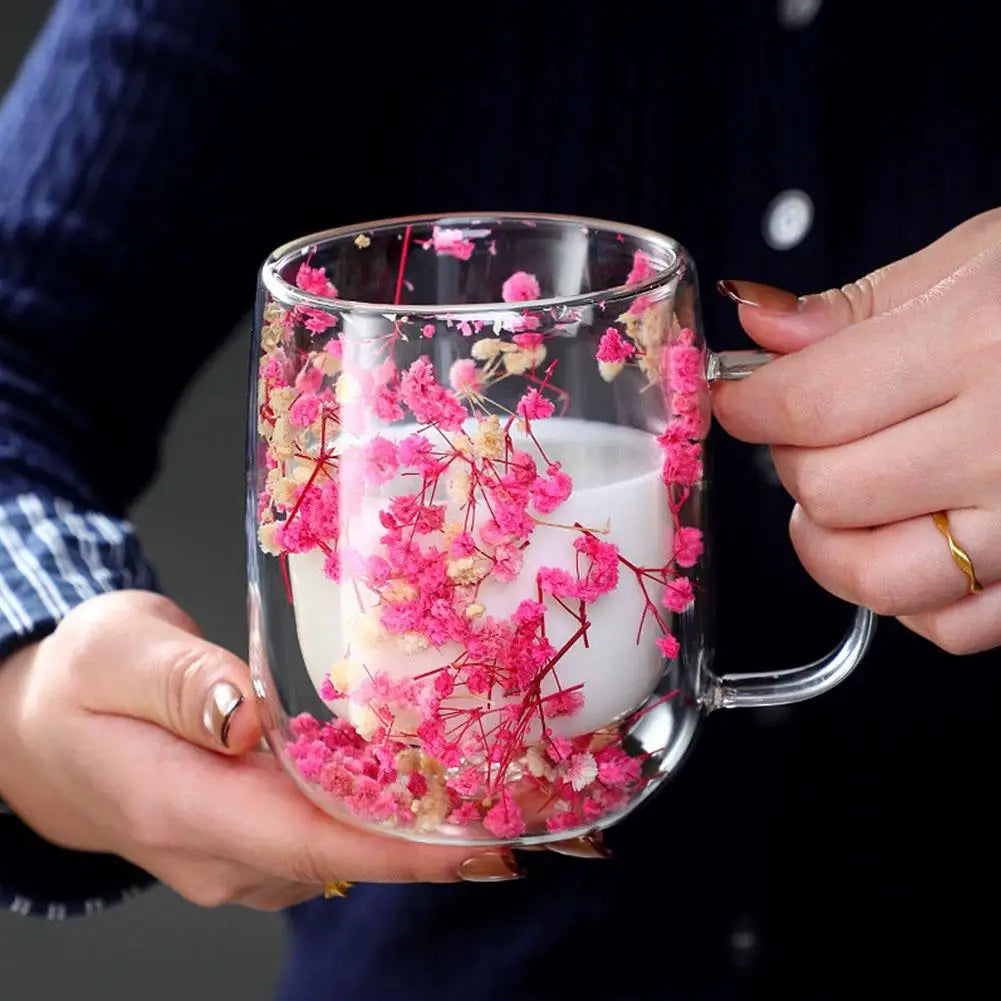 Double Walled Glass Mugs Double Wall Dried Flower Cup For Coffee Heat Resistant Dried Flower Double Wall Glass Mug For Cold