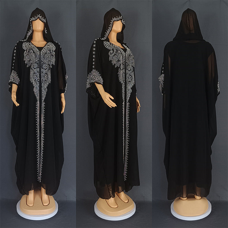Eid Muslim Dress for Women Hooded Abaya 2 Piece Set Diamond Jalabiya Morocco Party Dresses Dubai Abayas Kaftan Vestido Long Robe