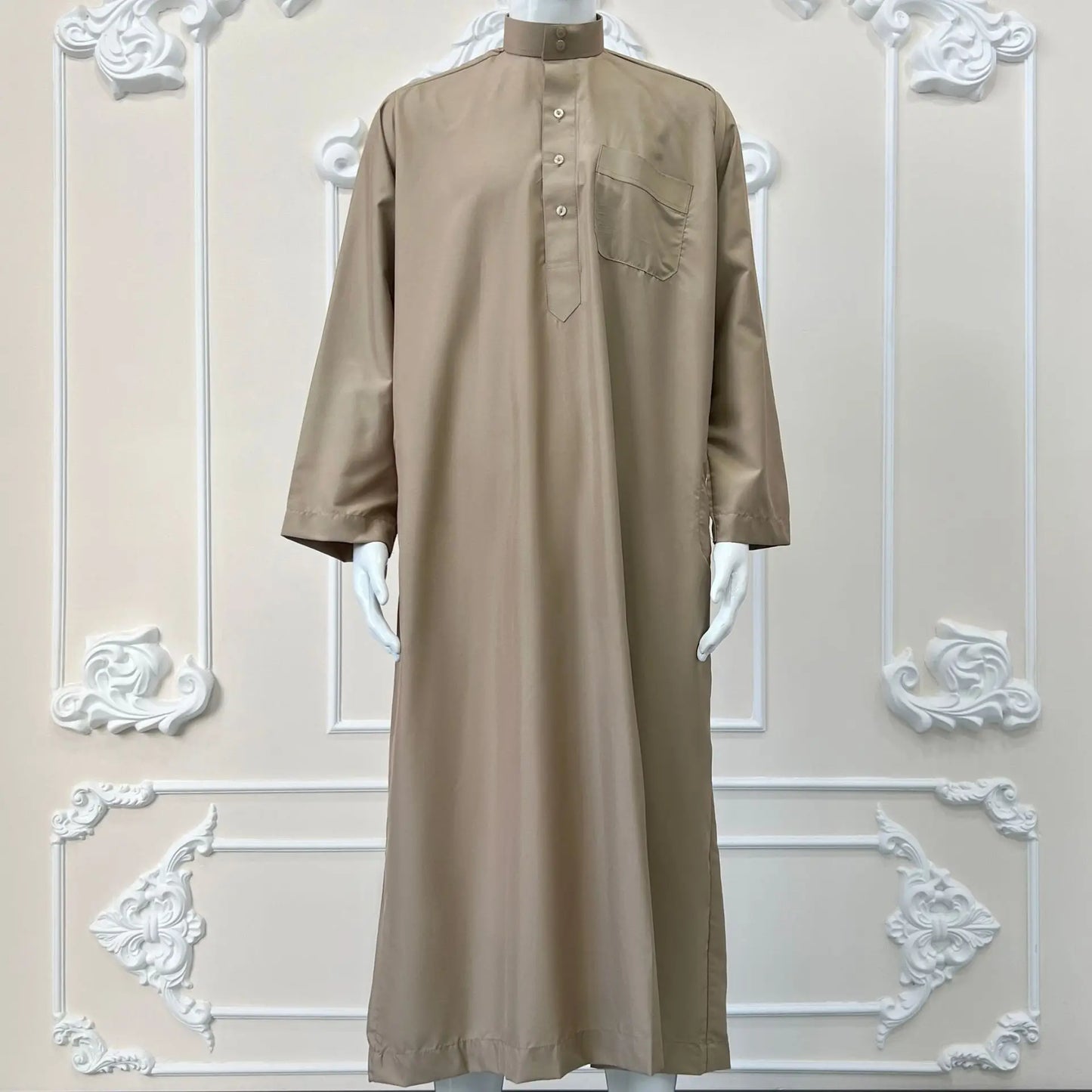 Traditional Qatar Thobe for Men - Stand Collar Pocket Design Arabic Middle East Clothing
