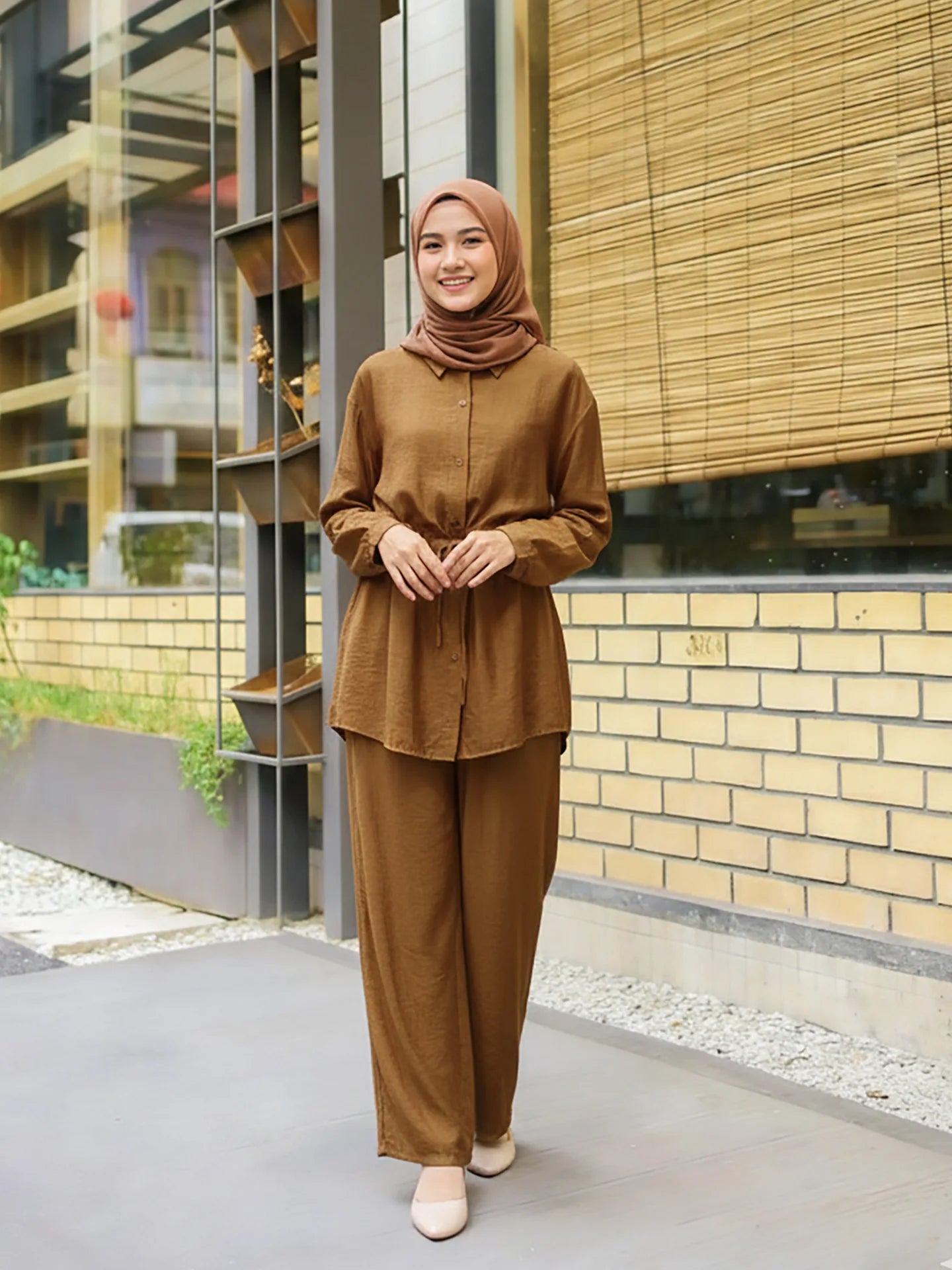 Turn Down Collar Rope Laced 2 Piece Set Women Clothing Wide Leg Pants Ramadan Prayer Dubai Islamic Clothes Turkish Abaya