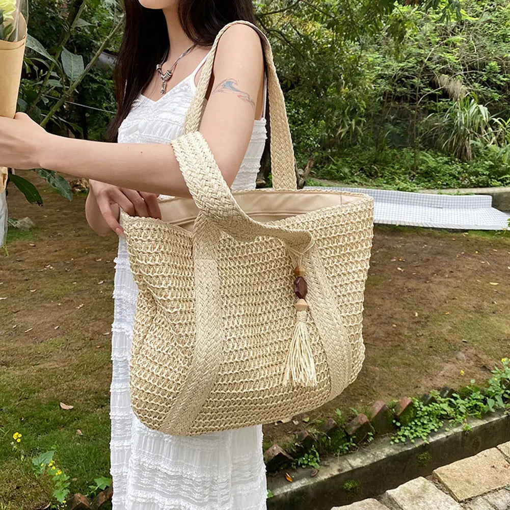 Straw Bag for Women Handmade Woven Shoulder Bag Large Capacity Tote Bags with Pendant Armpit Bag Top-handle Handbag Purse