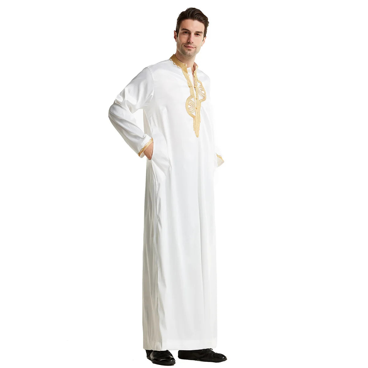 1pcs/lot man fashion embroidery muslim long robe man stand collar long sleeve jubba thobe