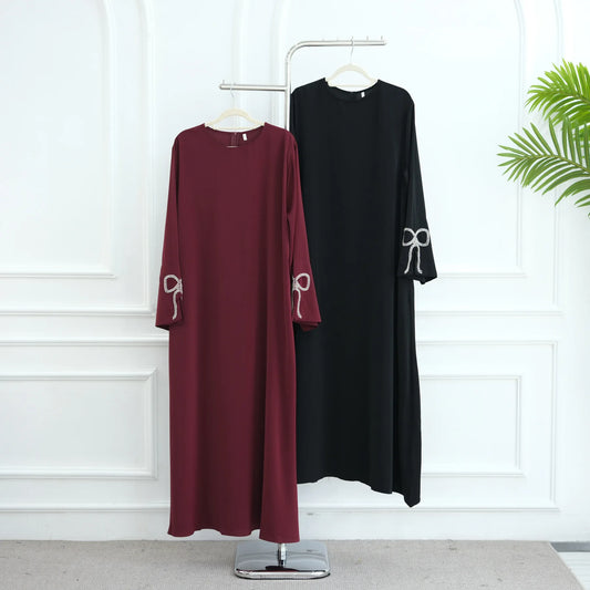 Women Eid Dress Diamond Bow Muslim Abaya Kaftan Arab Long Robe Vestidos Largos Morocco Long Robe Elegant Party Dresses Caftan