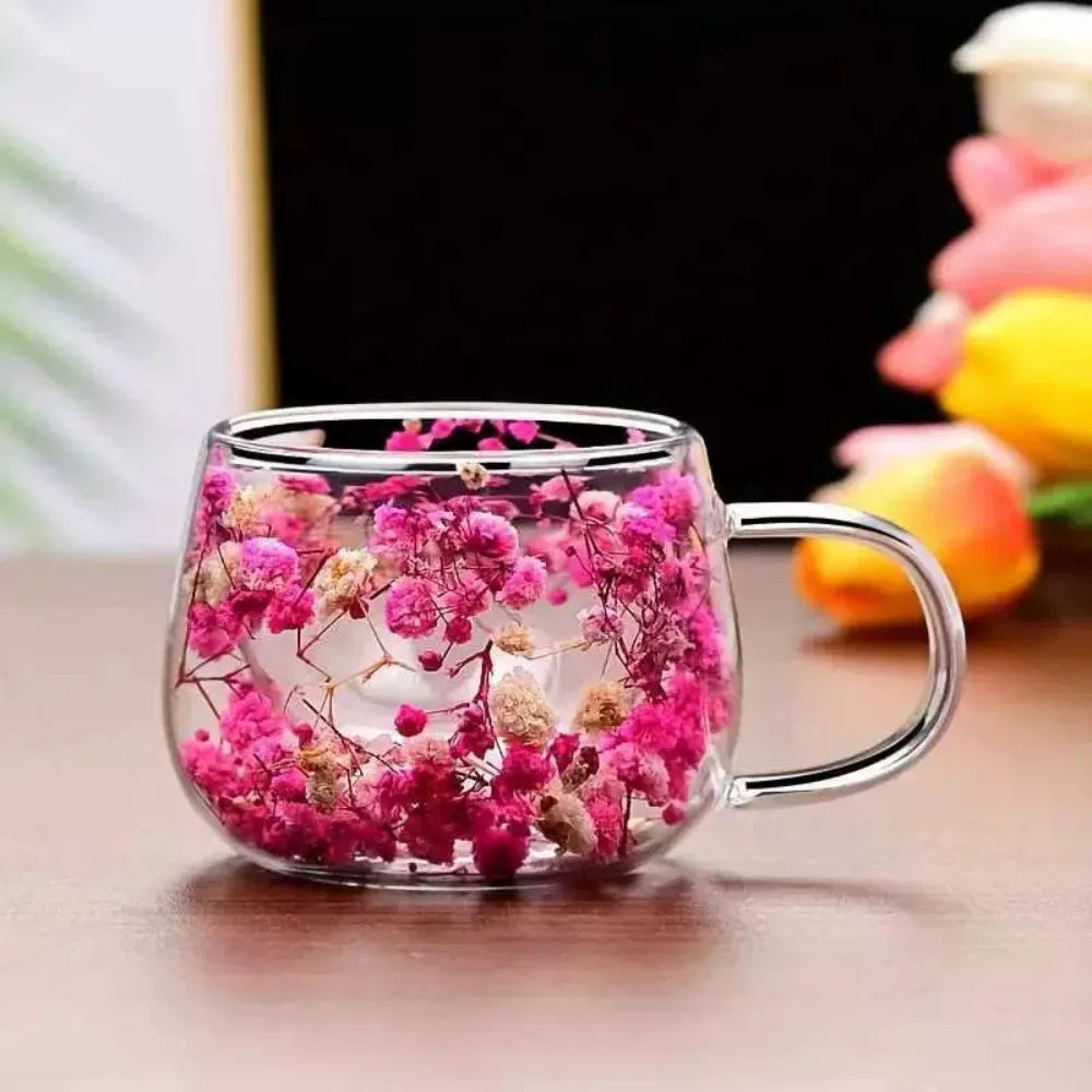 Juice Coffee Tea Cup Dried Flower Glass Cup Milk Mug with Handle Double Wall Mug Heat Resistant 150ML Clear Glass Cup Household
