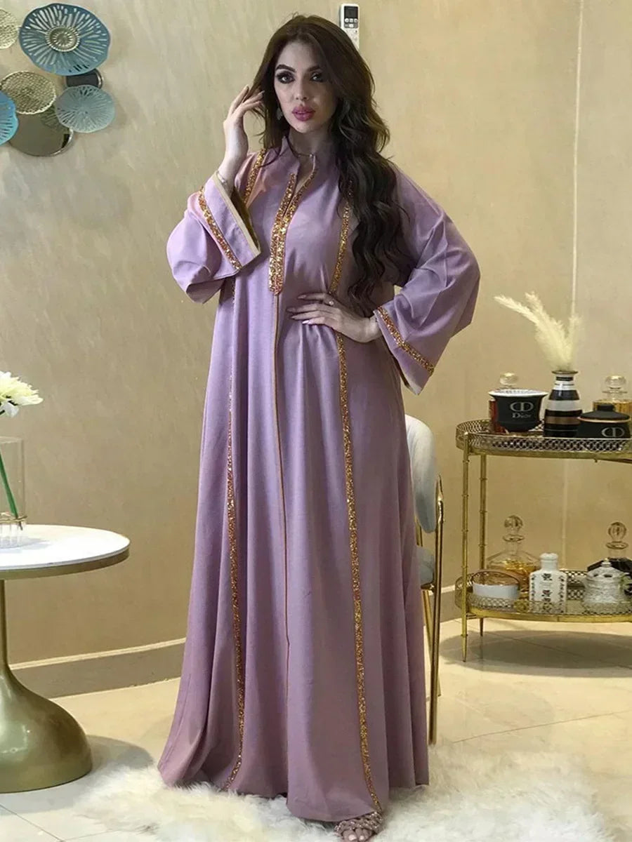 Ramadan Abaya Femme Musulmane Moroccan Kaftan for Woman Fashion Solid Diamonds Full Sleeve Loose Turkish Dubai Robe