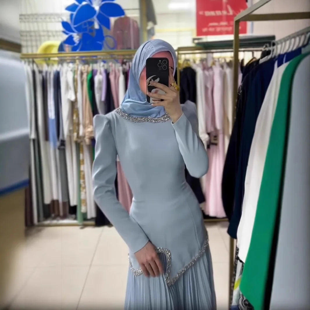 Abaya Pleated Dress Women Dubai Dresses Sequins Lace Up Islam Vestidos Long Robe Jalabiya Morocco Kaftan Eid Muslim Ramadan
