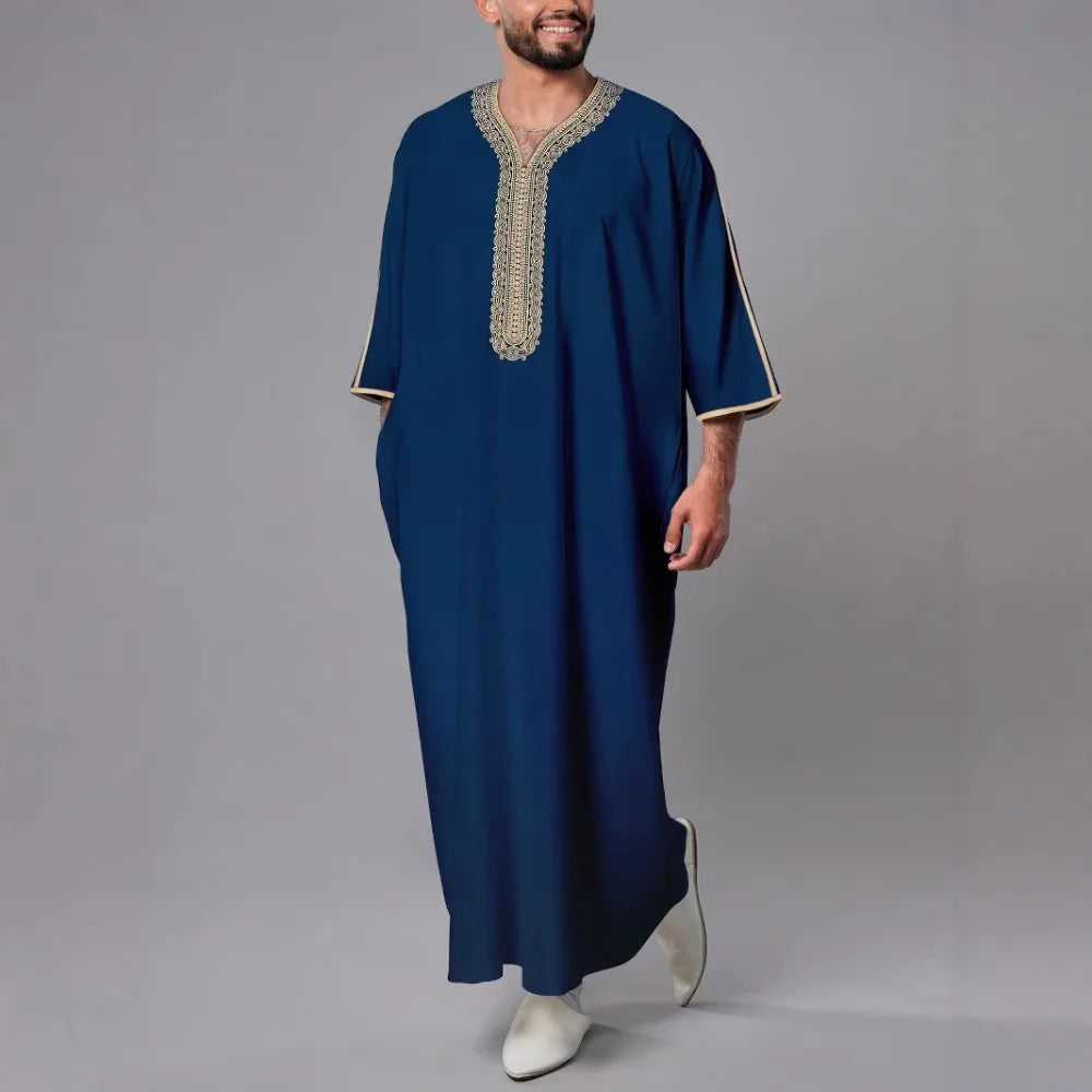 Men's Moroccan Style Thobe - 3/4 Sleeve Arabic Robe with Side Pockets, Ethnic Middle Eastern Loose Fit Muslim Wear
