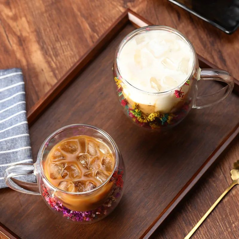 350ml Double Wall Glass Coffee Mug with Handles Clear Milk Cups Gifts Glass Cup Fill Artificial Simulation Flowers Teacup Gift