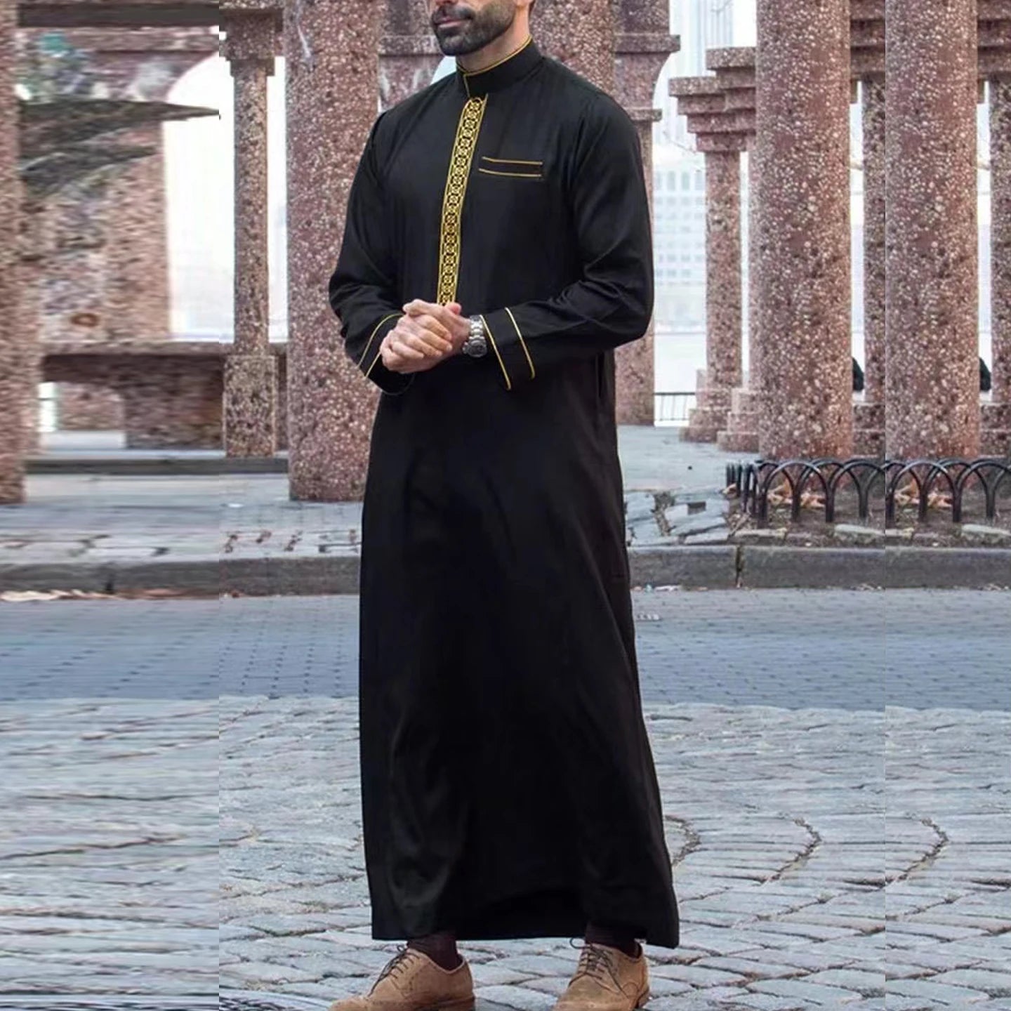 Arab Muslim Men's Robe  Ethnic Style Embroidered Moroccan Style Casual Traditional Islamic Thobe Long Dress Prayer Gown