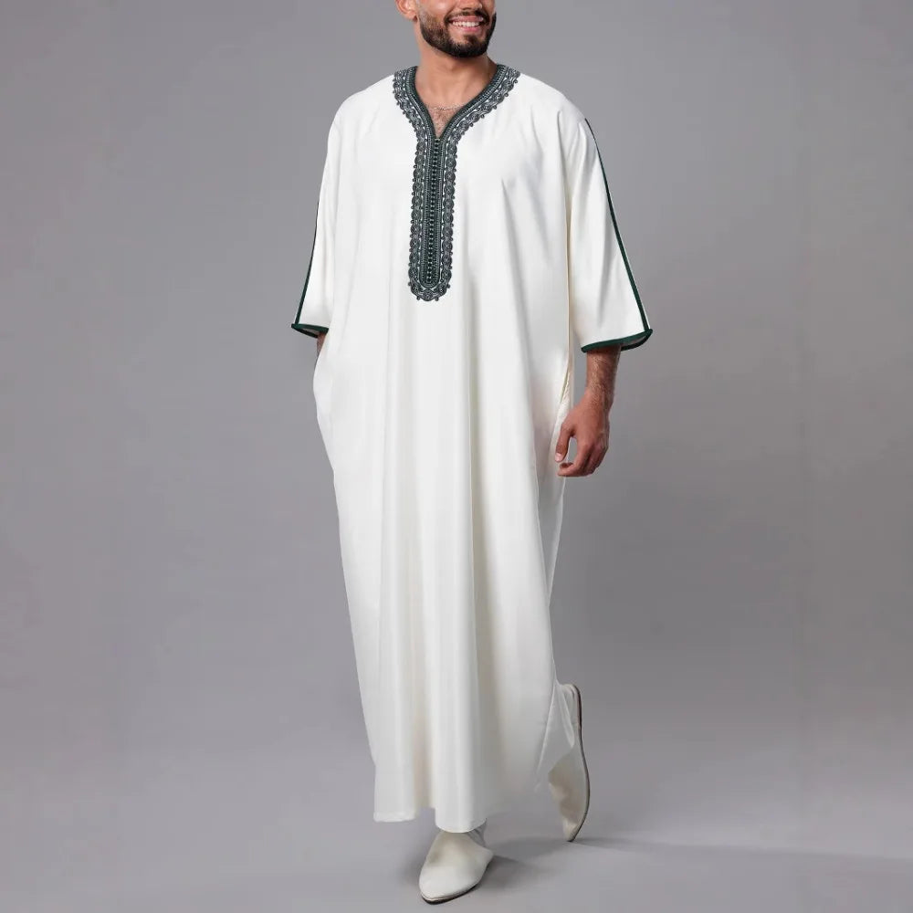 Men's Moroccan Style Thobe - 3/4 Sleeve Arabic Robe with Side Pockets, Ethnic Middle Eastern Loose Fit Muslim Wear