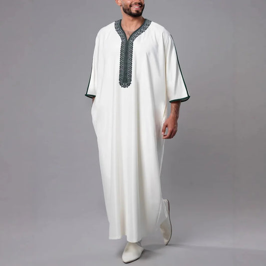 Men's Moroccan Style Thobe - 3/4 Sleeve Arabic Robe with Side Pockets, Ethnic Middle Eastern Loose Fit Muslim Wear
