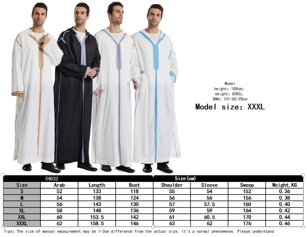 Muslim Men Hooded Robe Dishdasha Modest Islamic Dubai Saudi Prayer Abaya Kaftan Eid Ramadan Morocco Jubba Arab Thobe Abayas