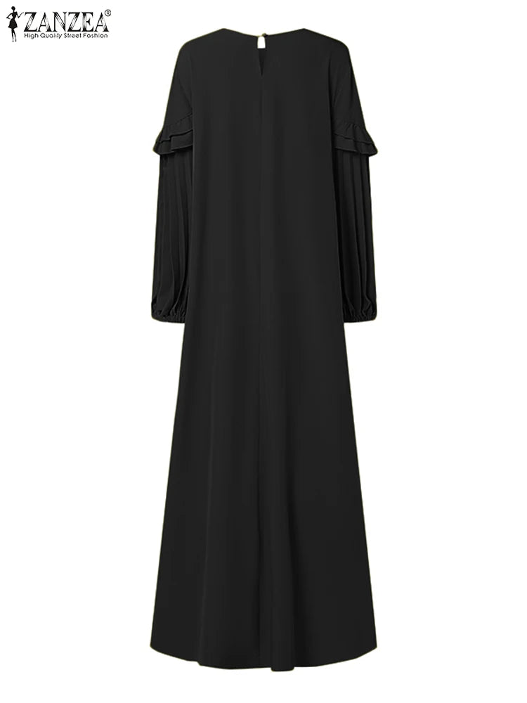 ZANZEA Elegant Hijab O Neck Maxi Dress Pleated Women Solid Muslim Islamic Abaya Robe Lantern Sleeve Casual Ruffles Vestidos