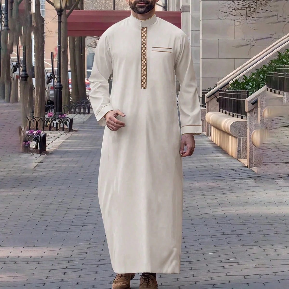 Arab Muslim Men's Robe  Ethnic Style Embroidered Moroccan Style Casual Traditional Islamic Thobe Long Dress Prayer Gown