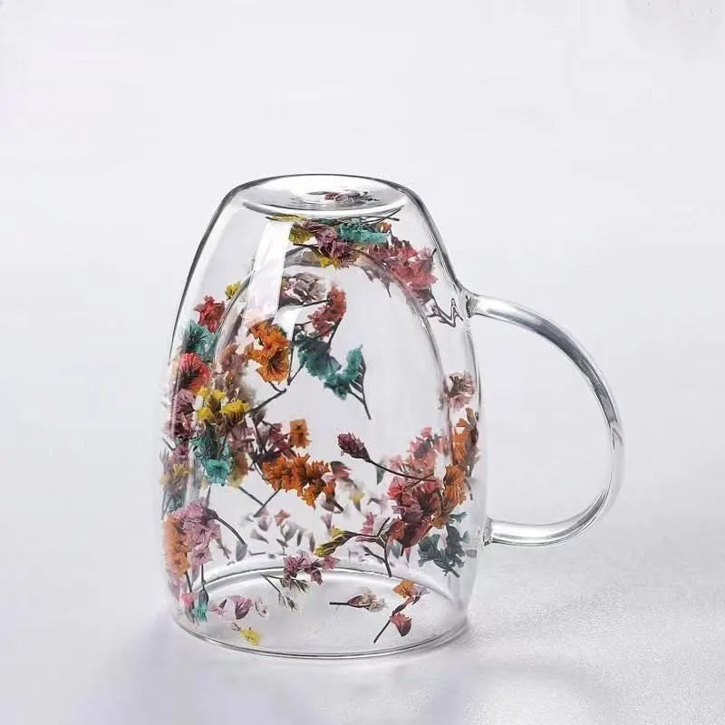 350ml Double Wall Glass Coffee Mug with Handles Clear Milk Cups Gifts Glass Cup Fill Artificial Simulation Flowers Teacup Gift