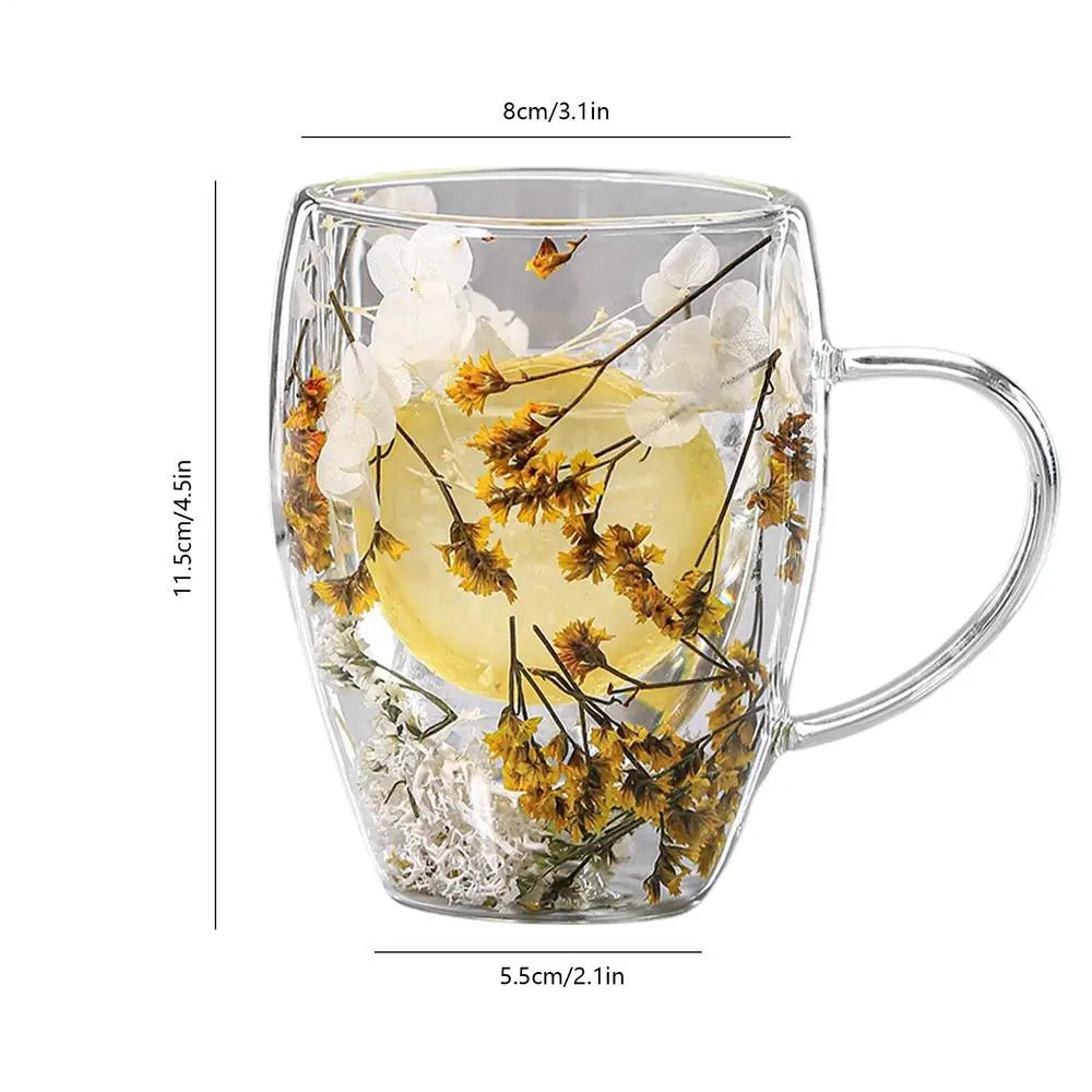 350ml Creative Double Wall Coffee Mug Dried Flower Filler Glass Cup  High Borosilicate Glass Cup Heat Resistant Tea Coffee Mug