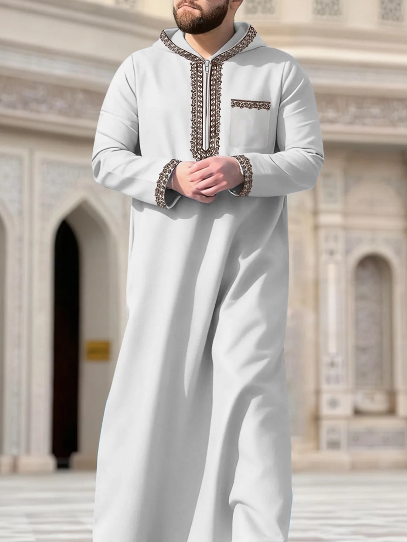 Muslim Men's Robes Hooded Embroidered Robes Arabic Thobe Ethnic Style Traditional Casual Thawb Islamic Prayer Clothes Moroccan