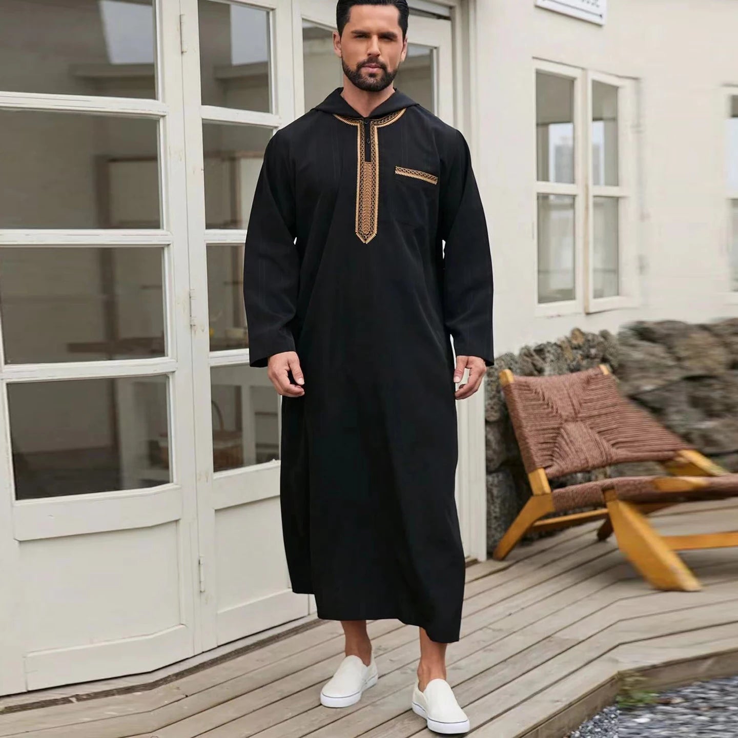 Arab Muslim Men's Robe  Ethnic Style Embroidered Moroccan Style Casual Traditional Islamic Thobe Long Dress Prayer Gown