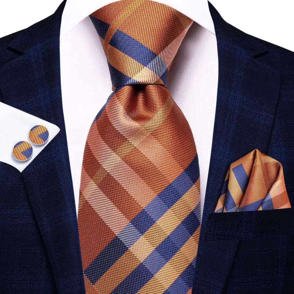 Hi-Tie Plaid Silk Tie For Men Elegant Mens Blue Grey Necktie Pocket Square Cufflink Groom Wedding Accessory Wholesale Designer