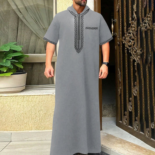 Moroccan Men's Thobe Short-Sleeved Embroidered Hood MuslimIslamicLooseJelleba Abaya - New Edition