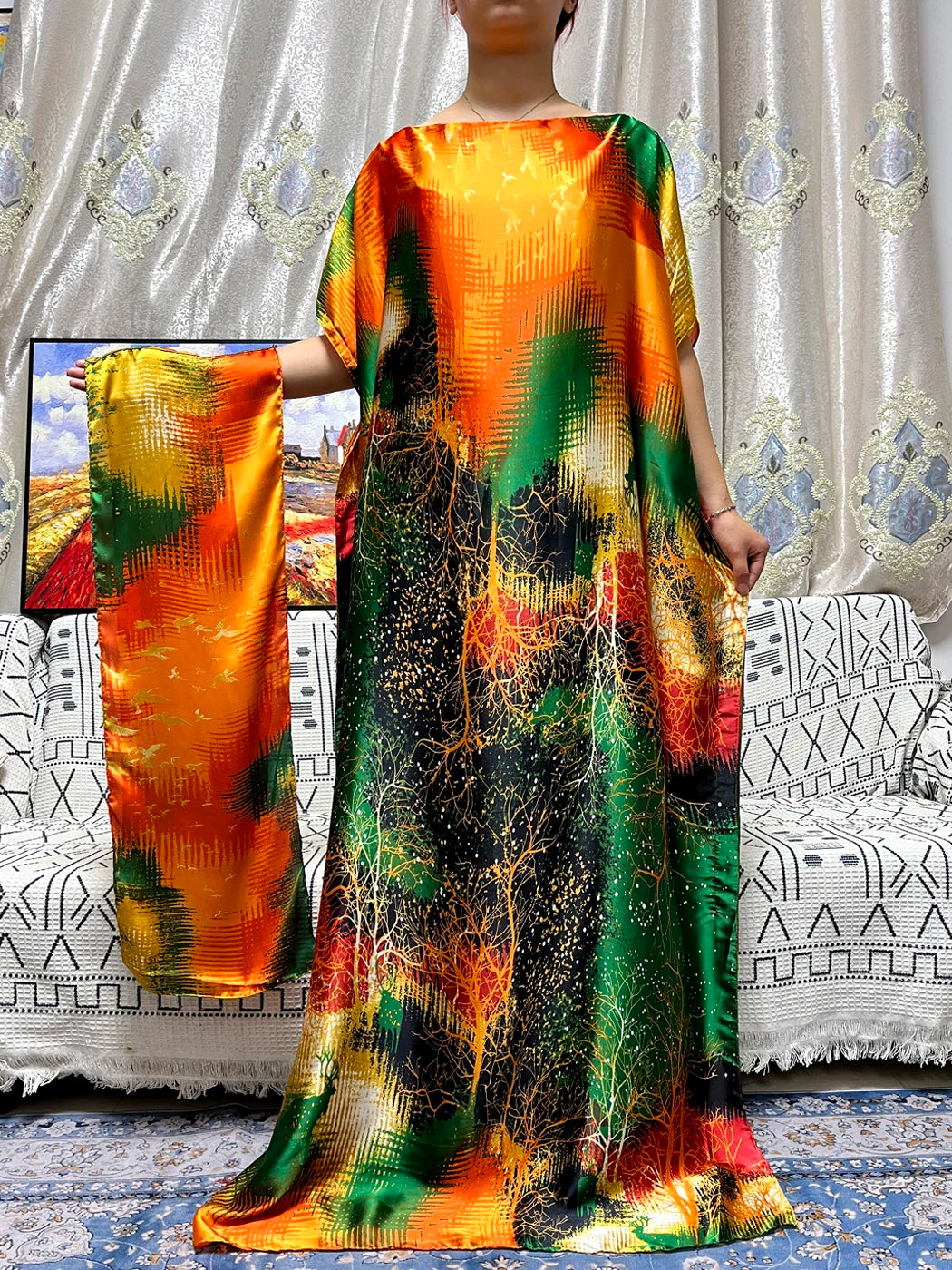 Abayas For Women 2023 Printed Silk Soft Loose Femme Robe Muslim Summer Fashion Clothing African Islam Woman Dresses With Turban