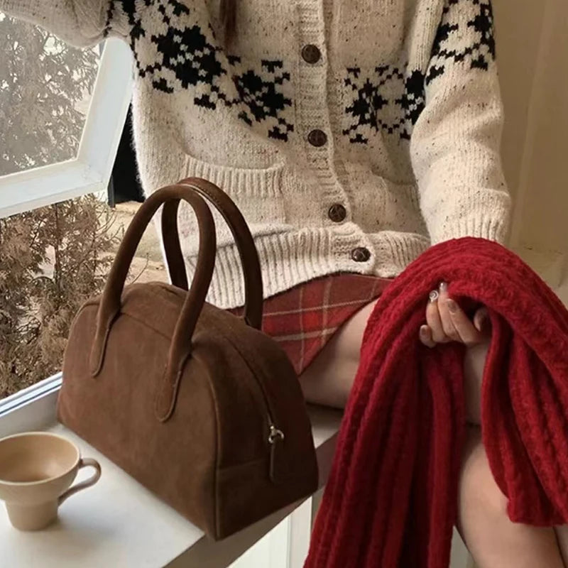 Nothingwritten Suede Leather Bowling Bag Handheld Boston Bag Women's Handbag Korean Sle Hard Handle Canvas  Zipper Cl...