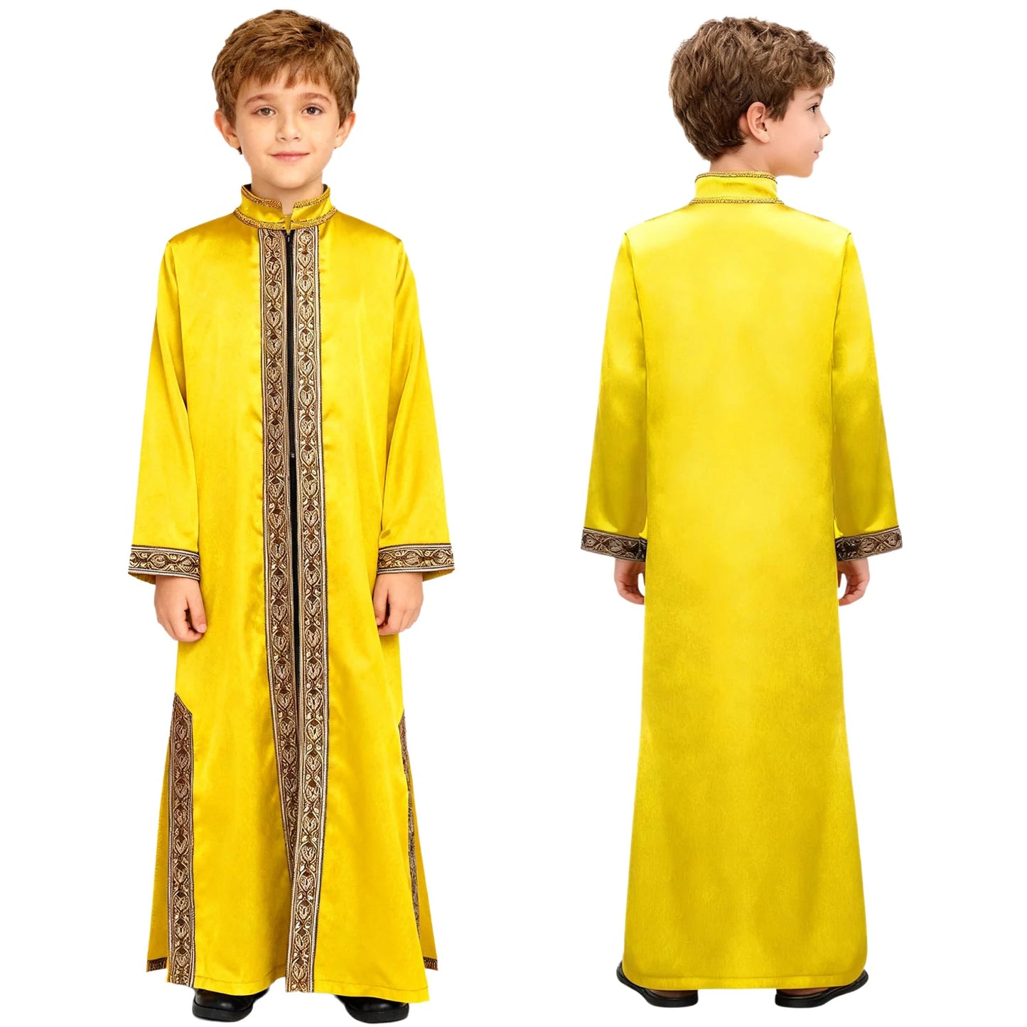 Boys Gold Embroidery Maxi Muslim Thobe Kaftans Arab Gown Islamic Robe Cosplay Long Sleeves Coats Festival Holiday Costume