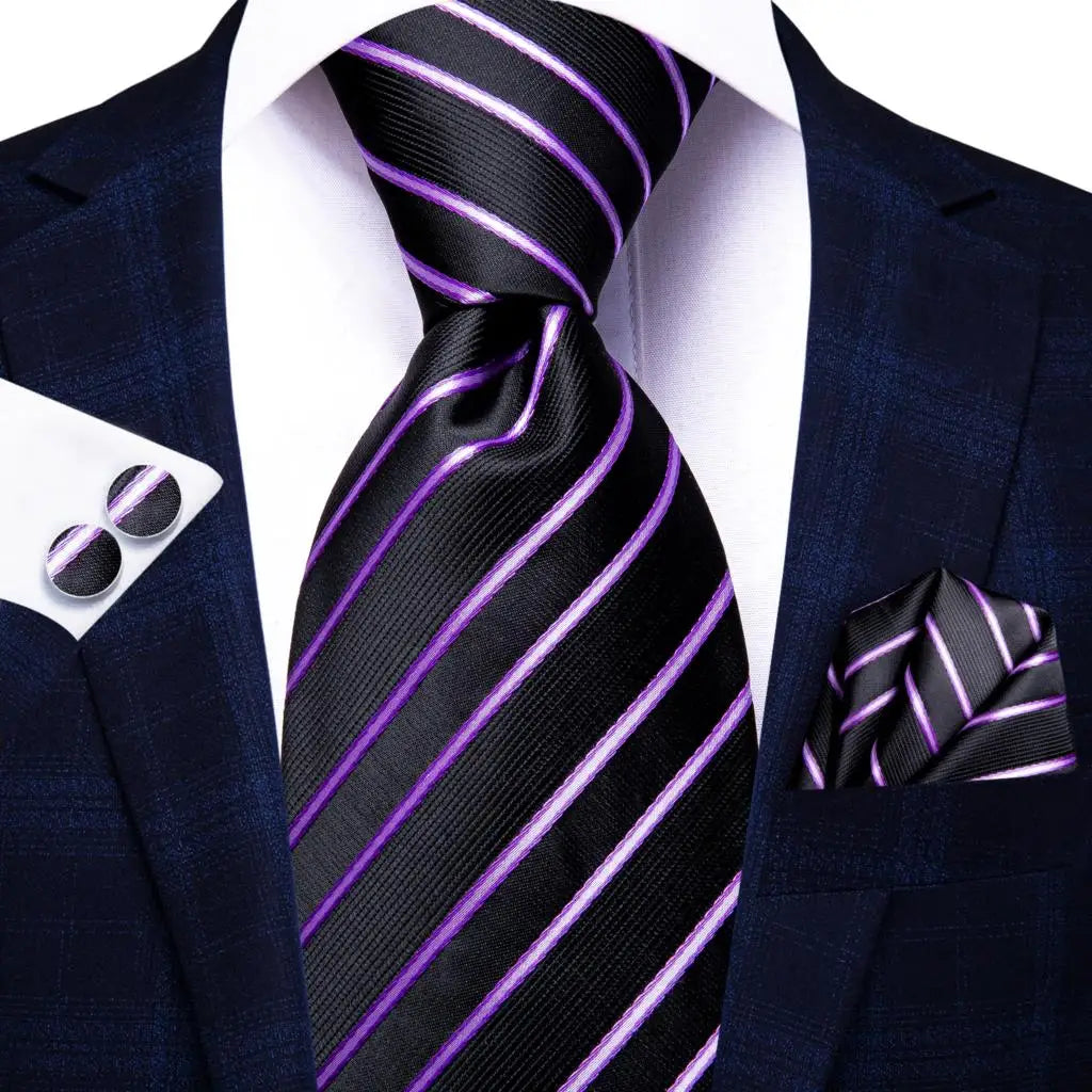 Hi-tie Design Black Solid Dot Silk Wedding Tie For Men Hanky Cufflink Gift Men Necktie Gravata Set Fashion Business Dropshipping
