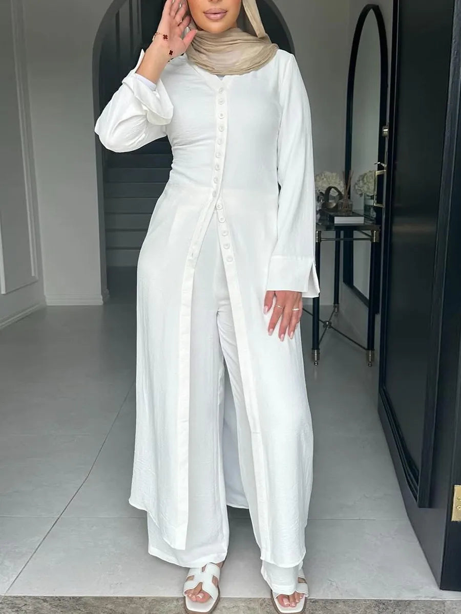 Muslim Dubai Türkiye Abayas For Women solid color Long Dresses buckle two-piece set Modest Ramadan Robe Femme Islam Clothing Set