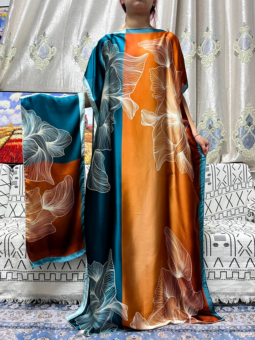 Abayas For Women 2023 Printed Silk Soft Loose Femme Robe Muslim Summer Fashion Clothing African Islam Woman Dresses With Turban