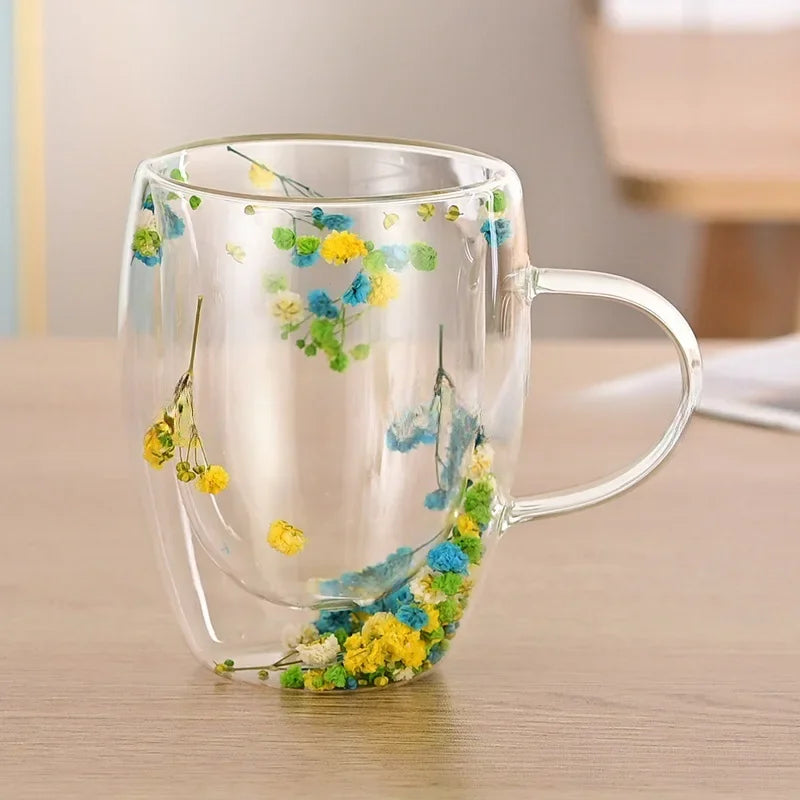 350ml Double Wall Espresso Coffee Cup Handle Flower Pattern Creative Transparent Hot Iced Beverage Beer Whisky Wine Glass Mug