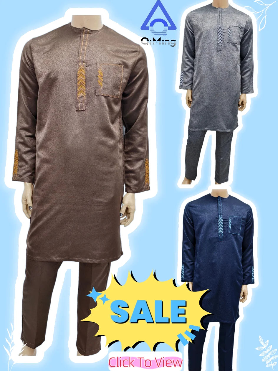 African Muslim Islamic Men's Modern Fashion Prayer Eid Robe Long Sleeve Round Neck Embroidered Arabian Jubba Thobe Clothing
