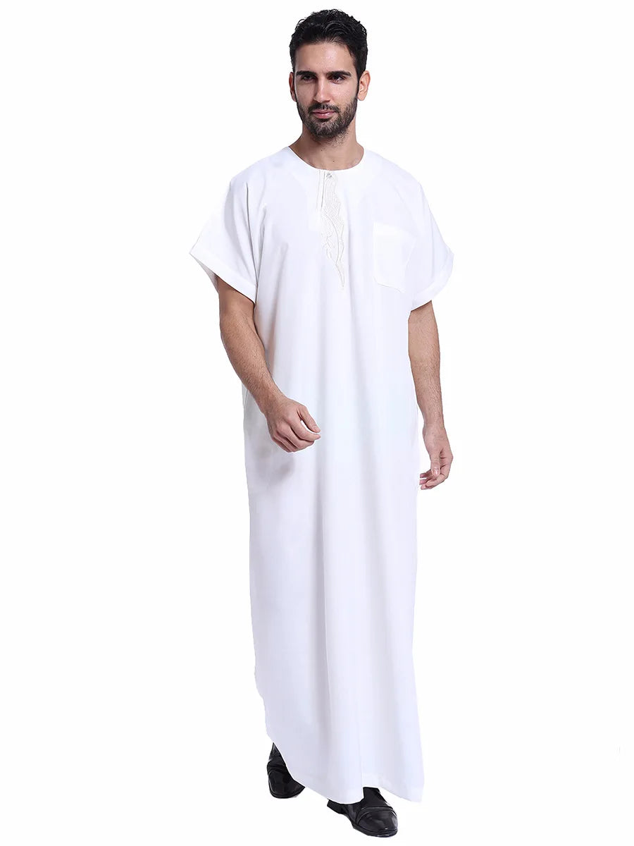 Muslim Kaftan for Men Round Collar Blue White Spring Elegant Robe Arab Vintage Long Sleeves Thobe Robe Turkey Embroidered