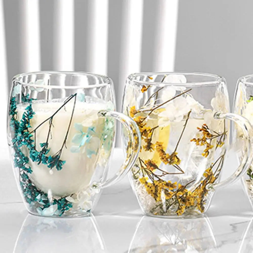 Dried Flowers Double Walled Coffee Mug 350ml Dried Flowers Glass Mugs Unique Creative Flower Mug with Handle Anti-Scalding Mug