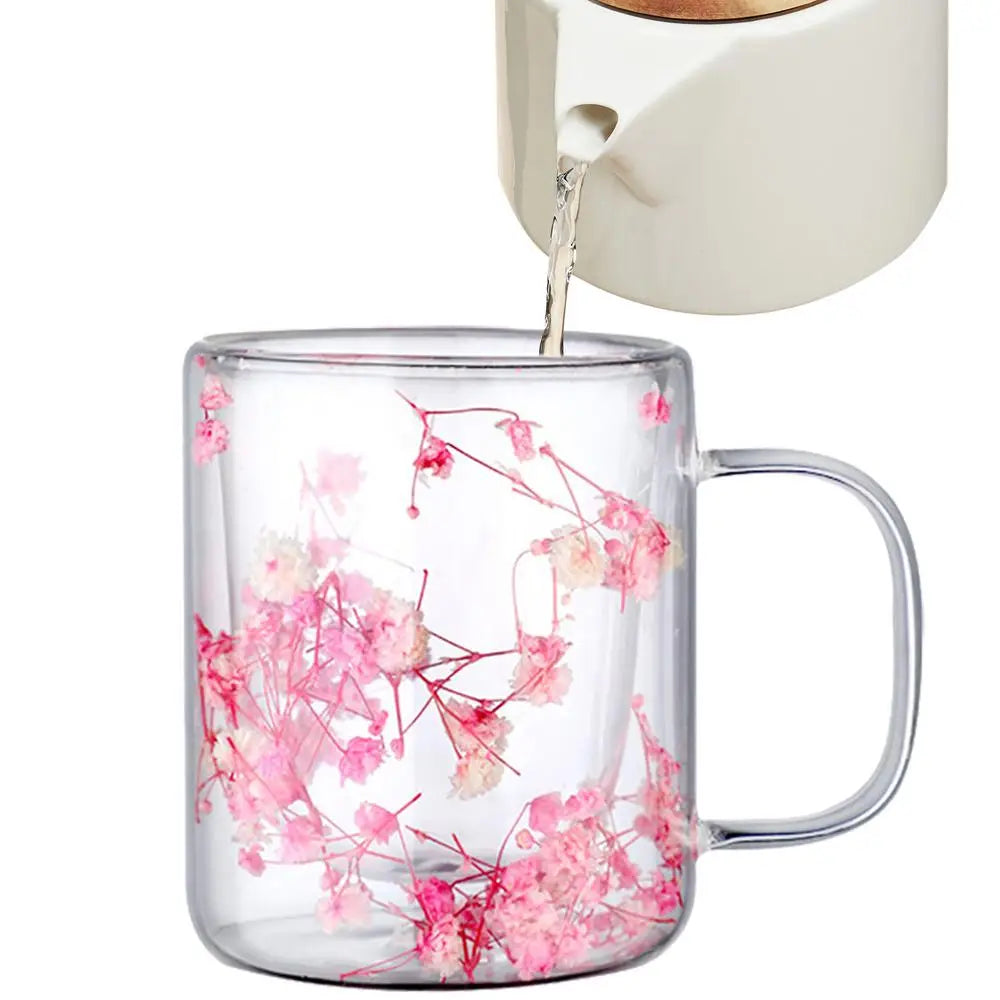 250ml Double Wall Glass Coffee Mug Dried Flowers Heat-Resistant Glasses Cup Flower Glass Mug Flower Decorated Coffee Cup tea cup