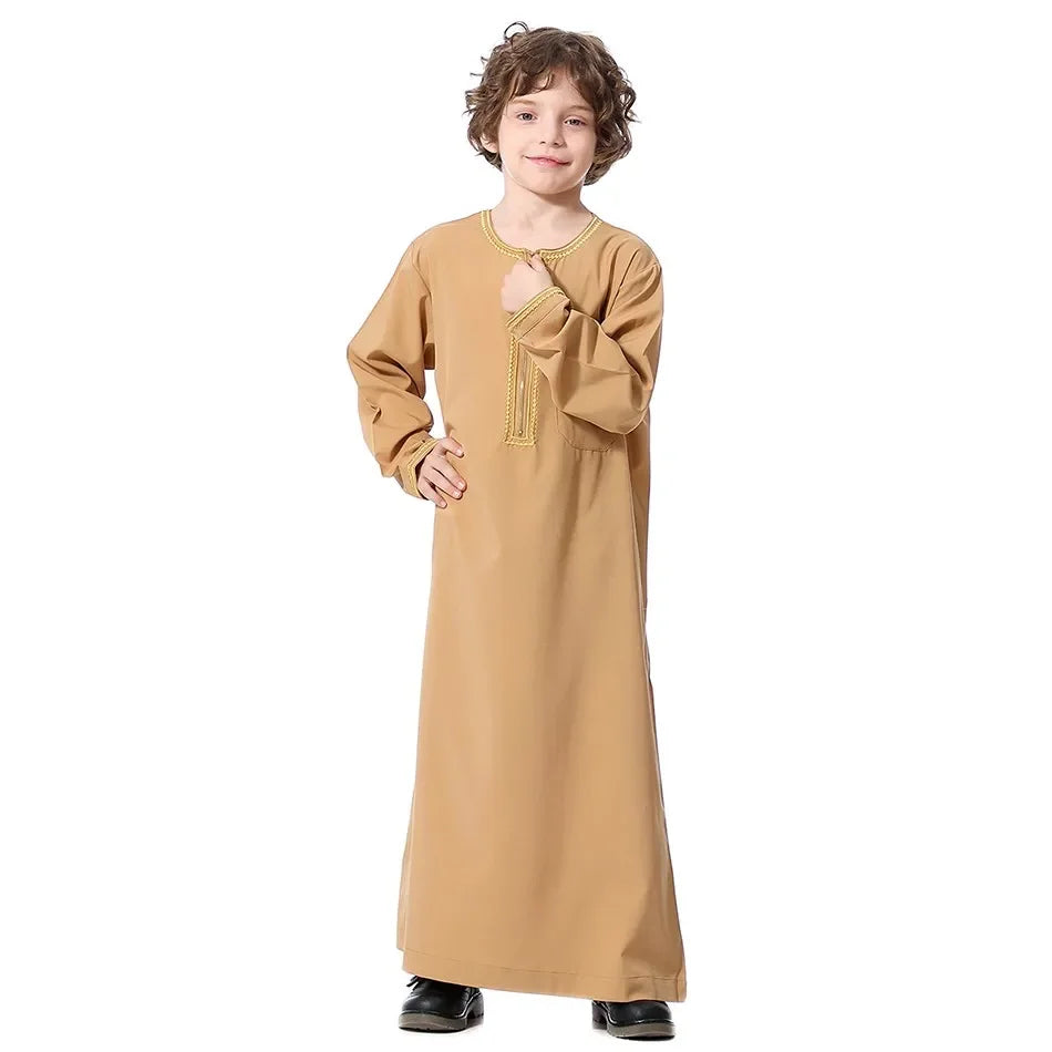 Teenage Boys' Summer Muslim Robe Kids Arab Folk Clothes Boys Solid Color Thobe 5-14 Years National Outfit for Children New