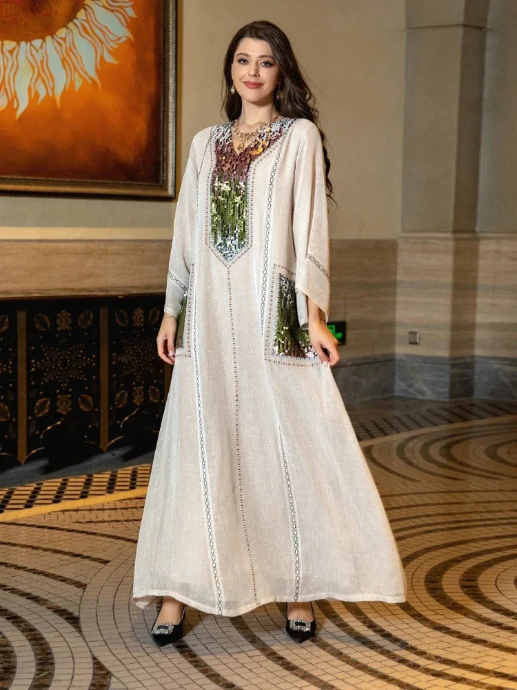 Eid Muslim Party Dress for Women Abaya Sequins Maxi Evening Long Dresses Jalabiya Morocco Dubai Abayas Kaftan Vestidos Long Robe